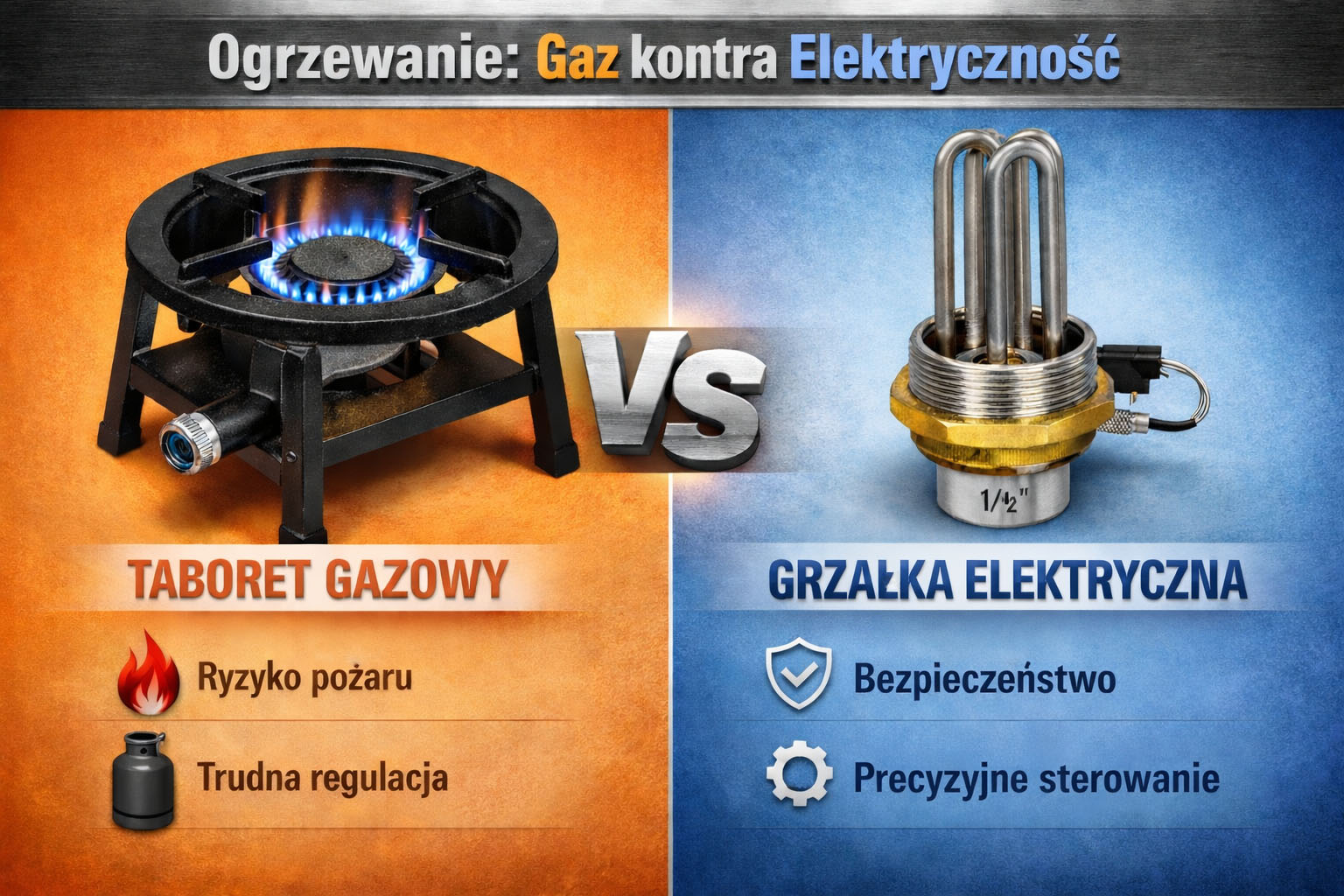 Zdjęcie przedstawia taboret gazowy oraz grzałkę elektryczną. Jest podzielone na pół.