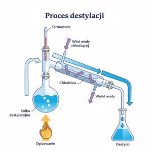 Schemat procesu destylacji prostej. Kolba z cieczą, skraplacz oraz naczynie odbiorcze.
