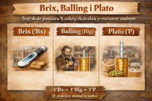 Na obrazku widnieją trzy skale Brix, Blg oraz Plato. Do każdego jest przyporządkowany obrazek poglądowy.