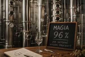 Tablica z napisem „Magia 96%” ustawiona przed nowoczesnymi kolumnami rektyfikacyjnymi ze stali nierdzewnej. Na stole kieliszek z bezbarwnym destylatem oraz notatki dotyczące procesu rektyfikacji.