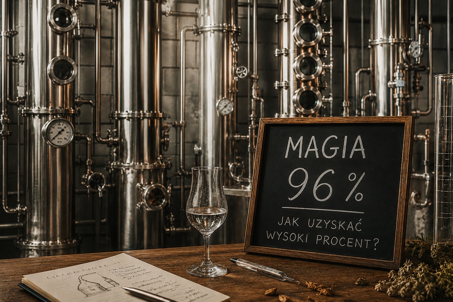 Tablica z napisem „Magia 96%” ustawiona przed nowoczesnymi kolumnami rektyfikacyjnymi ze stali nierdzewnej. Na stole kieliszek z bezbarwnym destylatem oraz notatki dotyczące procesu rektyfikacji.